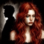 Au premier plan, une jeune femme rousse aux cheveux longs ondulés pleure, en arrière plan, la silhouette d'un homme. Style aquarelle, sombre.