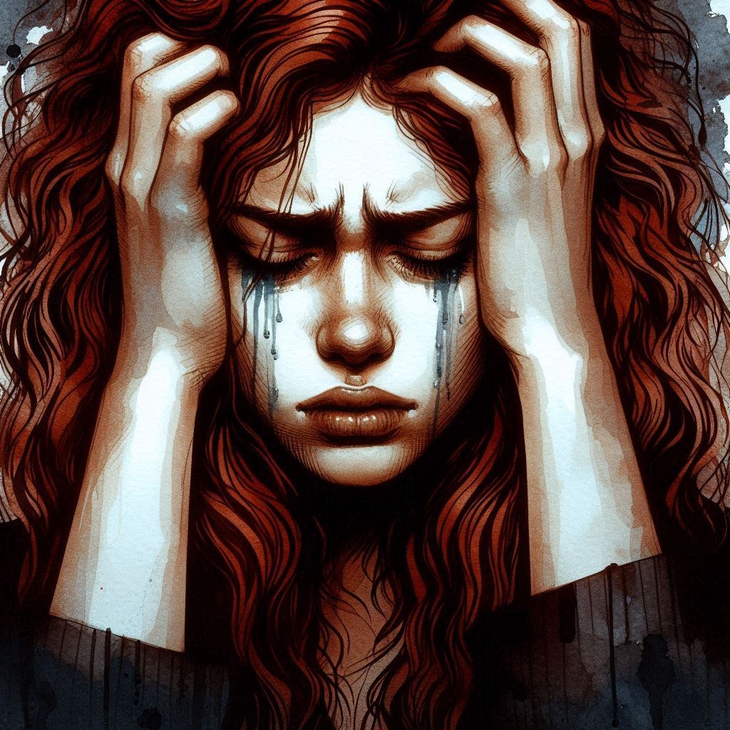 Illustration d’une femme aux cheveux roux se tenant la tête, les yeux fermés, avec des larmes sombres, symbolisant une douleur intense liée à une migraine.