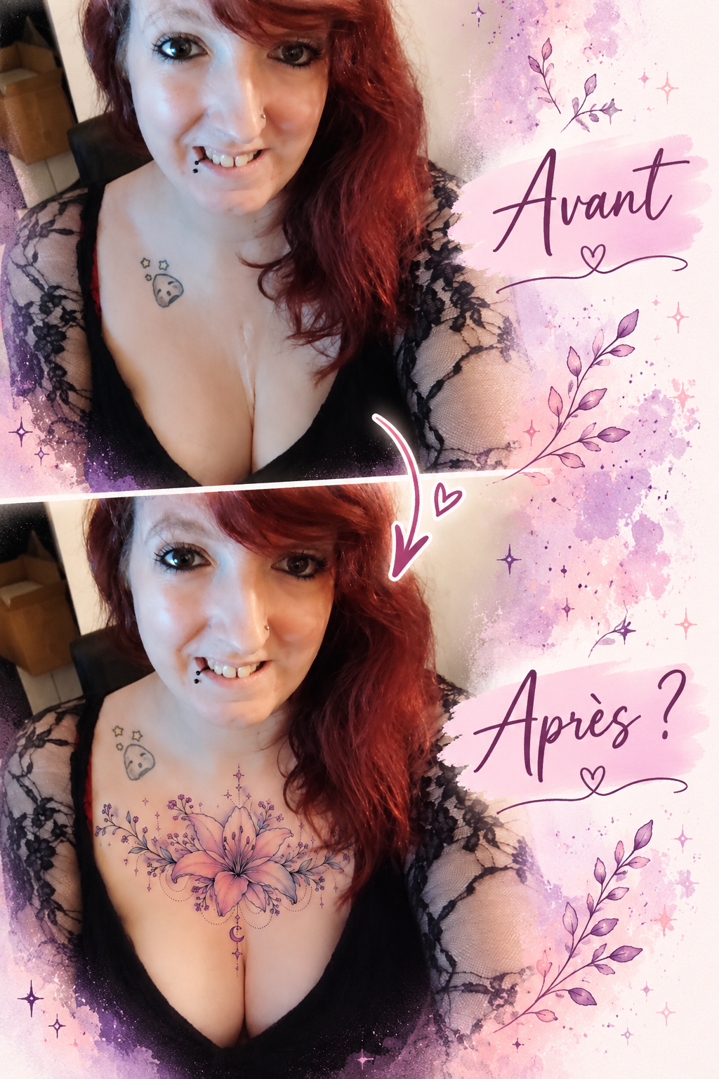 Montage avant-après de mon projet de tatouage pour recouvrir ma cicatrice au sternum.